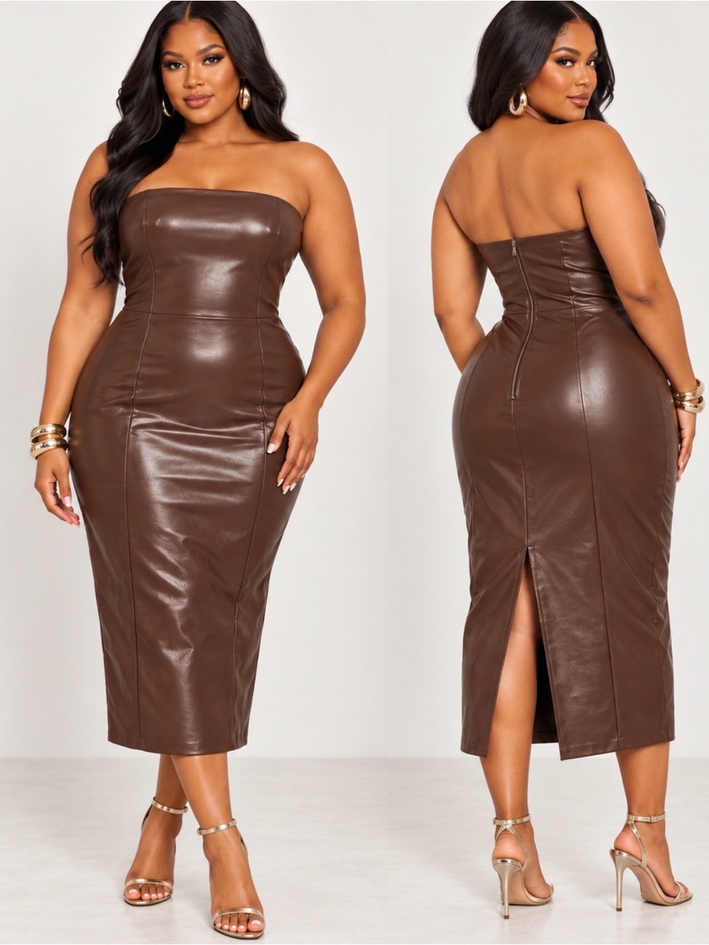 Strapless Brown Faux Leather Column Dress 2X
